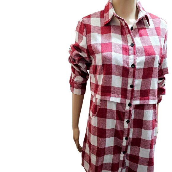 Red & White Plaid Button-Up Shirt Dress With Pockets & Rolled Sleeves By Hotouch - Picture 4 of 13